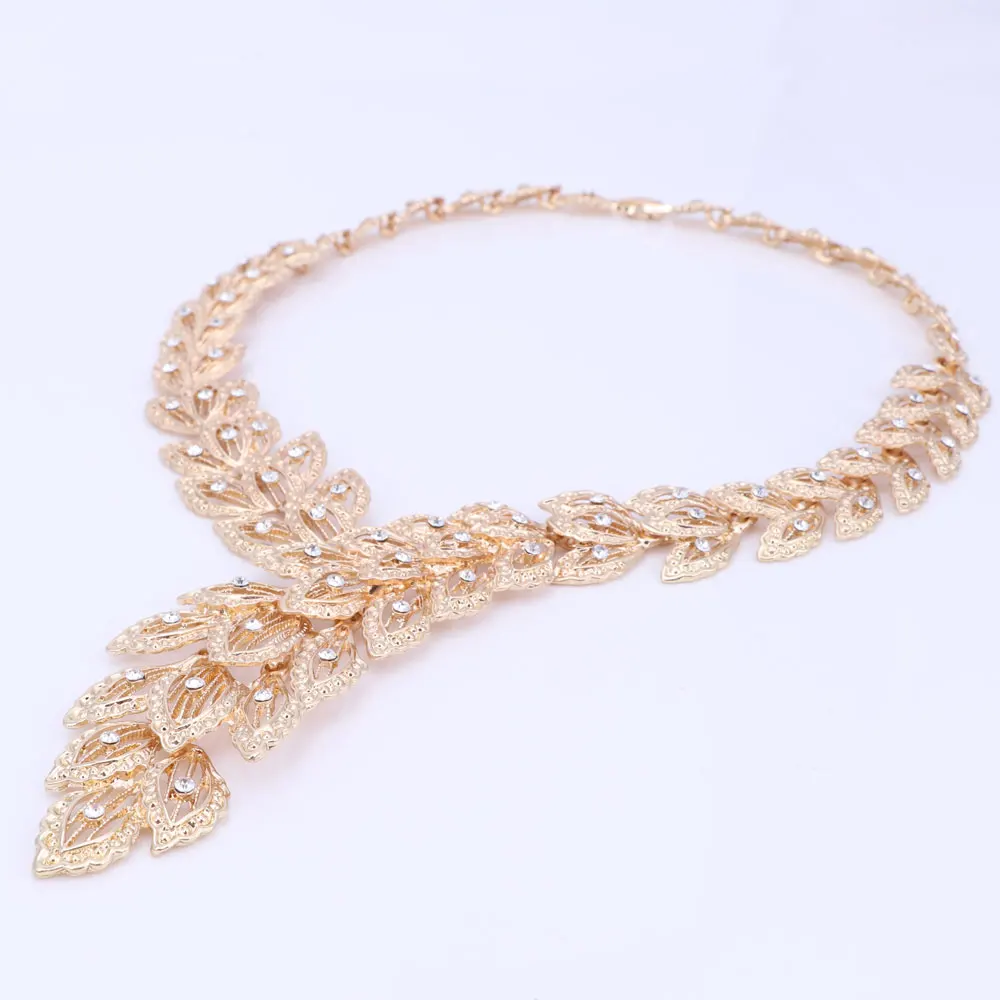 Jewelry Sets For Women Fine Crystal Necklace Earrings Bracelet Set African Beads Gold Color Pendant Wedding Dress Accessories