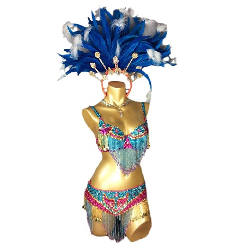 Sexy Samba Rio Carnival Costume For Women Handmade Beaded Sequins Belly Dance Costume Set Turquoise Hot pink Feather Head piece