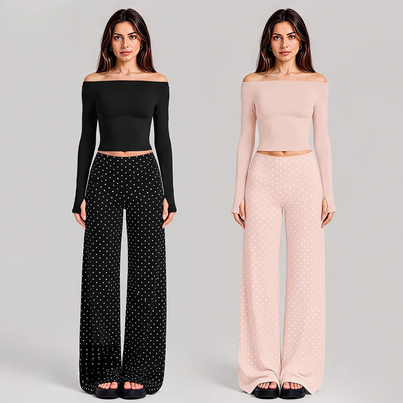 Women Off Shoulder Long Sleeve Yoga Set Slim Fitted Crop Top Polka Dot Print Wide Leg Pants Casual Training 2 Piece Outfit