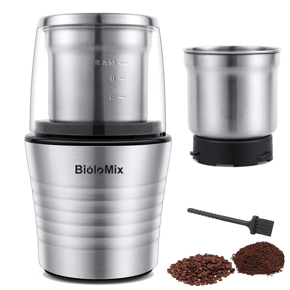 BioloMix 2-in-1 Nassen und Trockenen Doppel Tassen 300W Elektrische Gewürze und Kaffee Bean Grinder Edelstahl stahl Körper und Miller Klingen