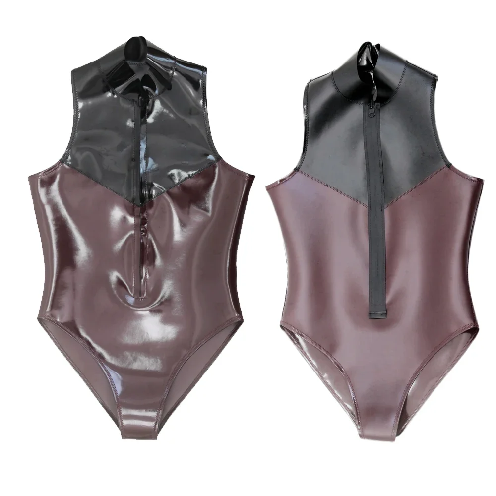 Women Double Sides PU Leather High Cut Bodysuit Latex Glossy Shiny Elastic Tights Patchwork Shaping Stage Wear Elastic Leotard