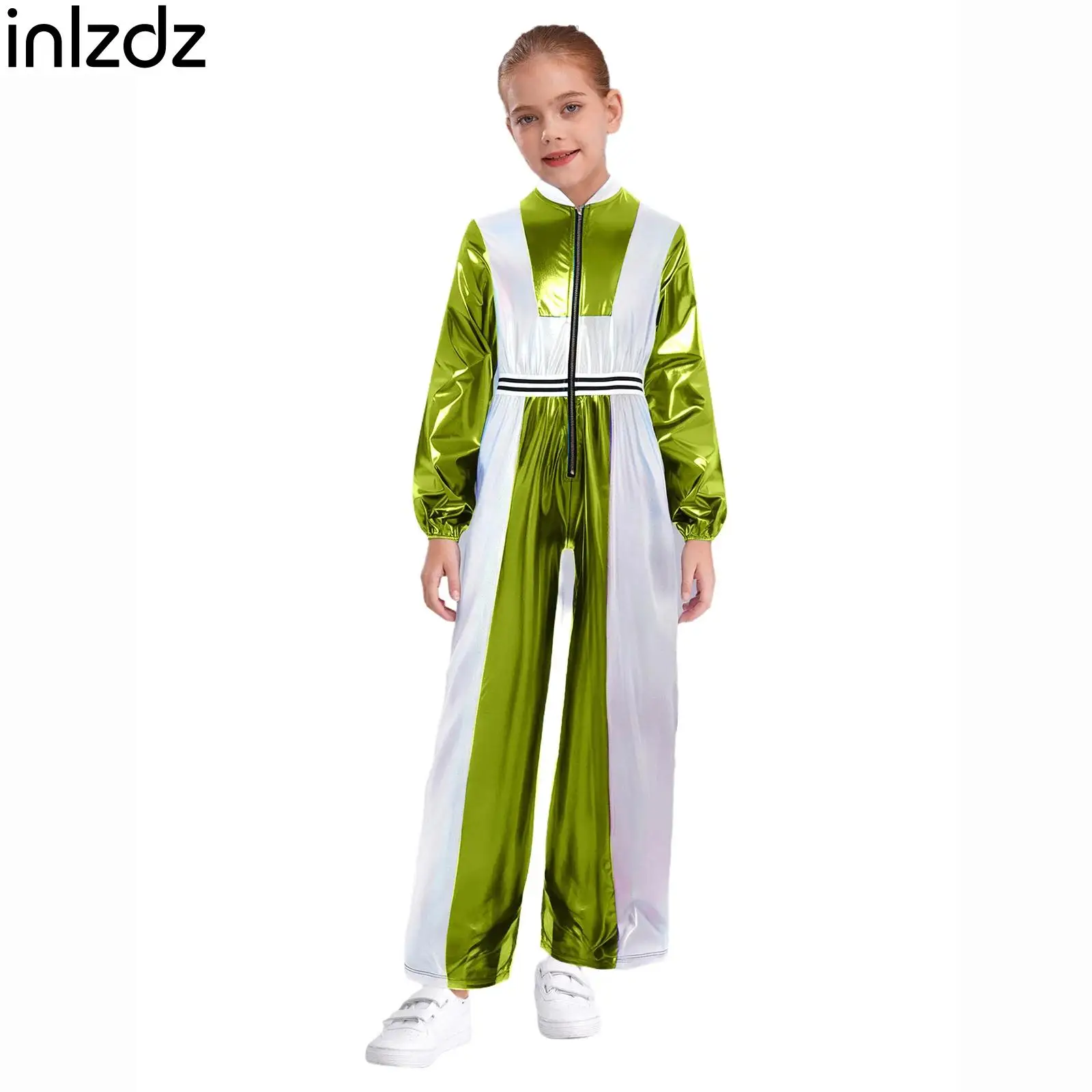 

Girls Long Sleeves Jazz Dance Jumpsuit Metallic Patchwork Zipper Dance Bodysuit Full Length Leotard Hip-Hop Performance Costumes