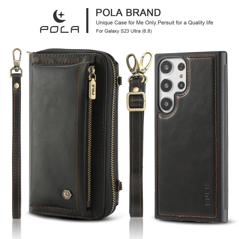 POLA Multi-functional Zipper Wallet Phone Case For Samsung Galaxy S23 Plus Ultra Business Leather Magnetic Split Cover