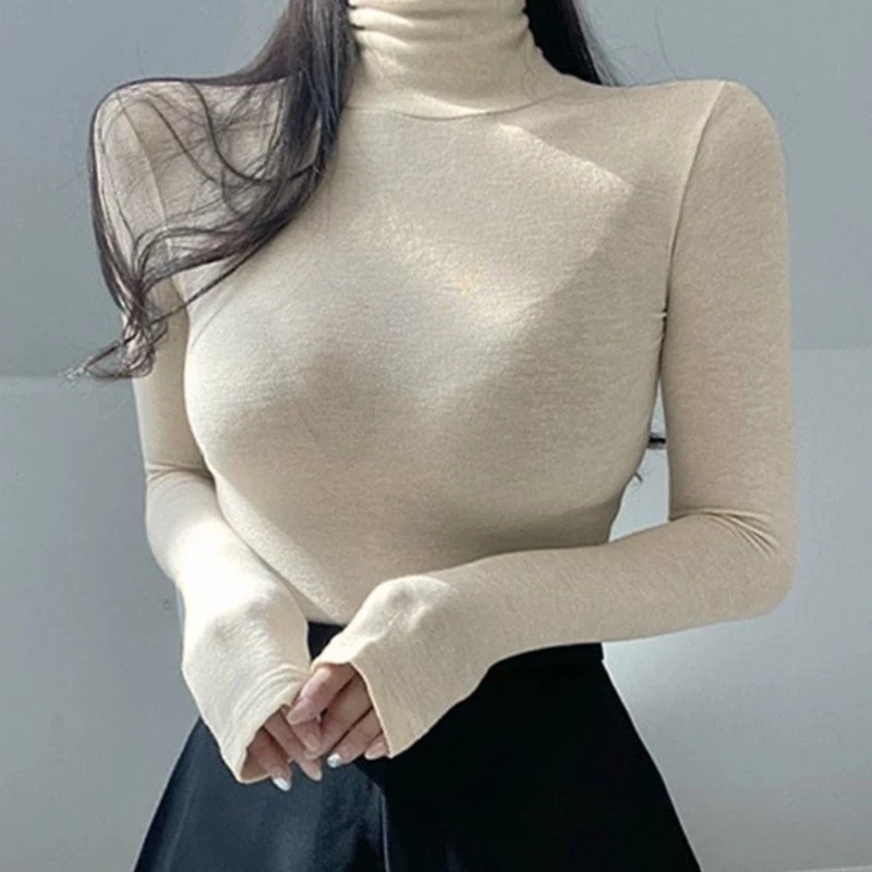 Koreanische Neue Sexy Hot Girl Stil Slim Fit Vielseitig T-shirt Rollkragen Langarm T-Shirts Einfarbig Einfache Basis Schicht tops