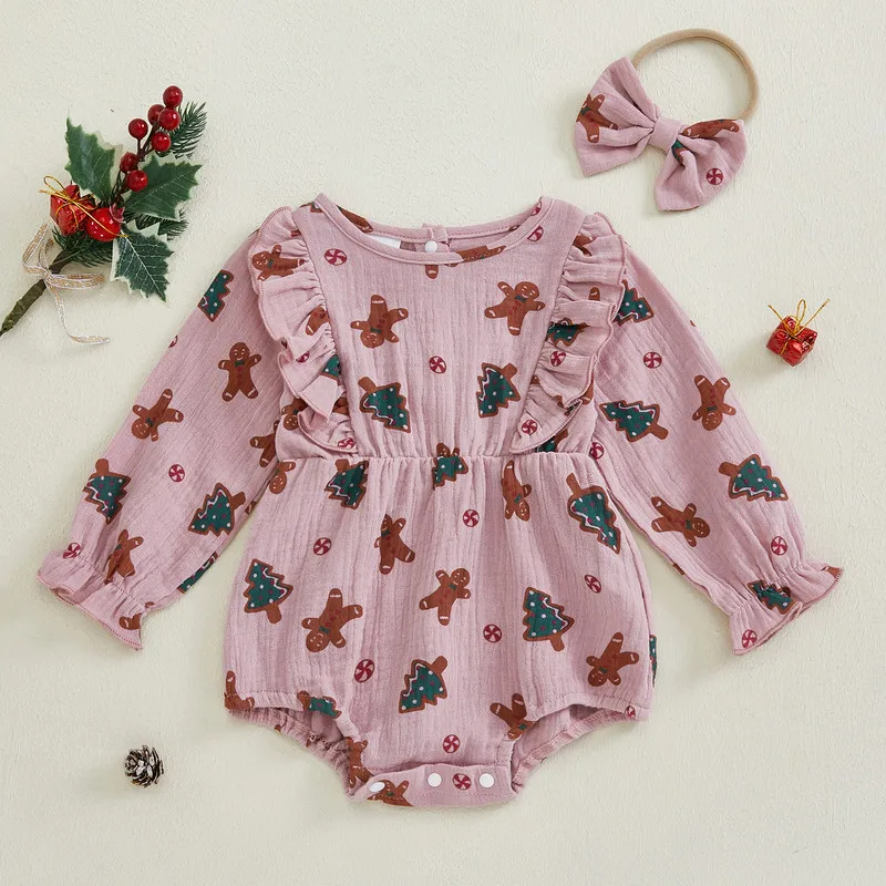 0 to 18 Months Christmas Baby Girls Bodysuit Gingerbread Tree Print Long Sleeve Jumpsuits and Cute Headband Set