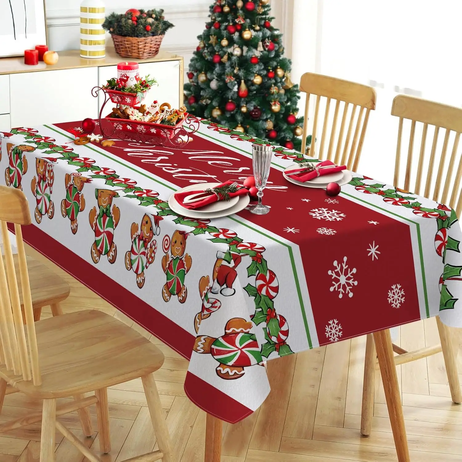 Christmas Gingerbread Man Rectangle Tablecloth for Table Decor Winter Candy Holly Berry Dining Table Cloth Christmas Decorations