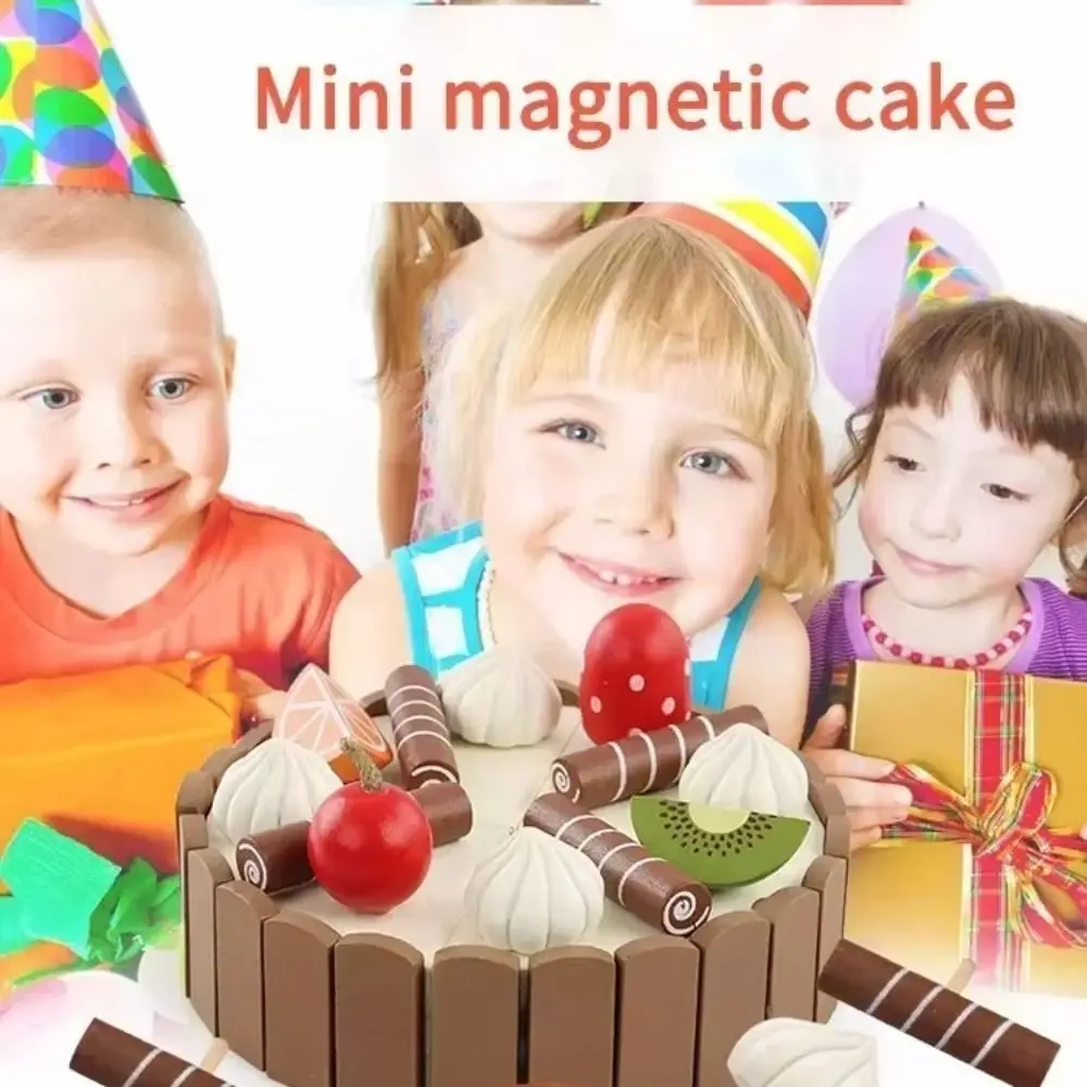 Bolo de Aniversário Magnético de Brinquedo: Casa de Faz de Conta Interativa de Madeira para Crianças, Cozinha Cognitiva Montessori, Jogo de Cortar Bolo Mousse