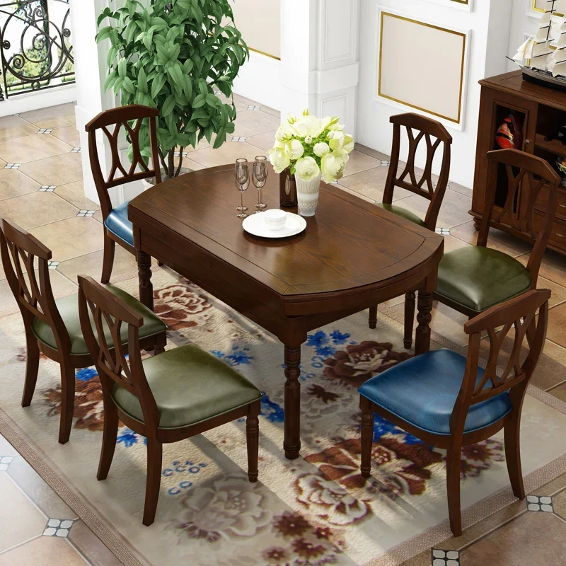 

American Style Dining Table round Solid Wood Dining Tables and Chairs Set Retractable