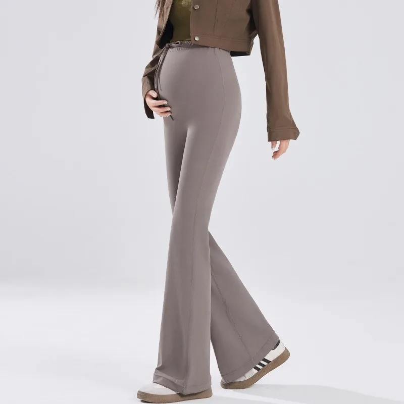 Leggings acampanados de maternidad, textura de piel de tiburón, cordón, cintura alta, soporte para embarazo, pantalones de Yoga a la moda