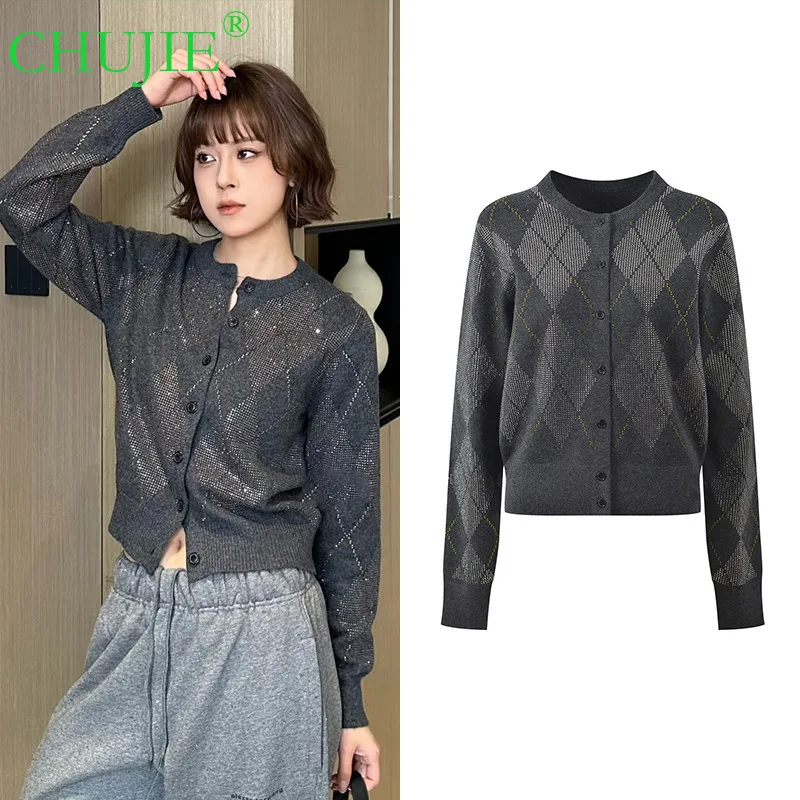 

CHUJIE 2025 Autumn Winter New Heavy Rhinestone Contrast Color Diamond Pattern Versatile Round Neck Short Long Sleeve Knitted