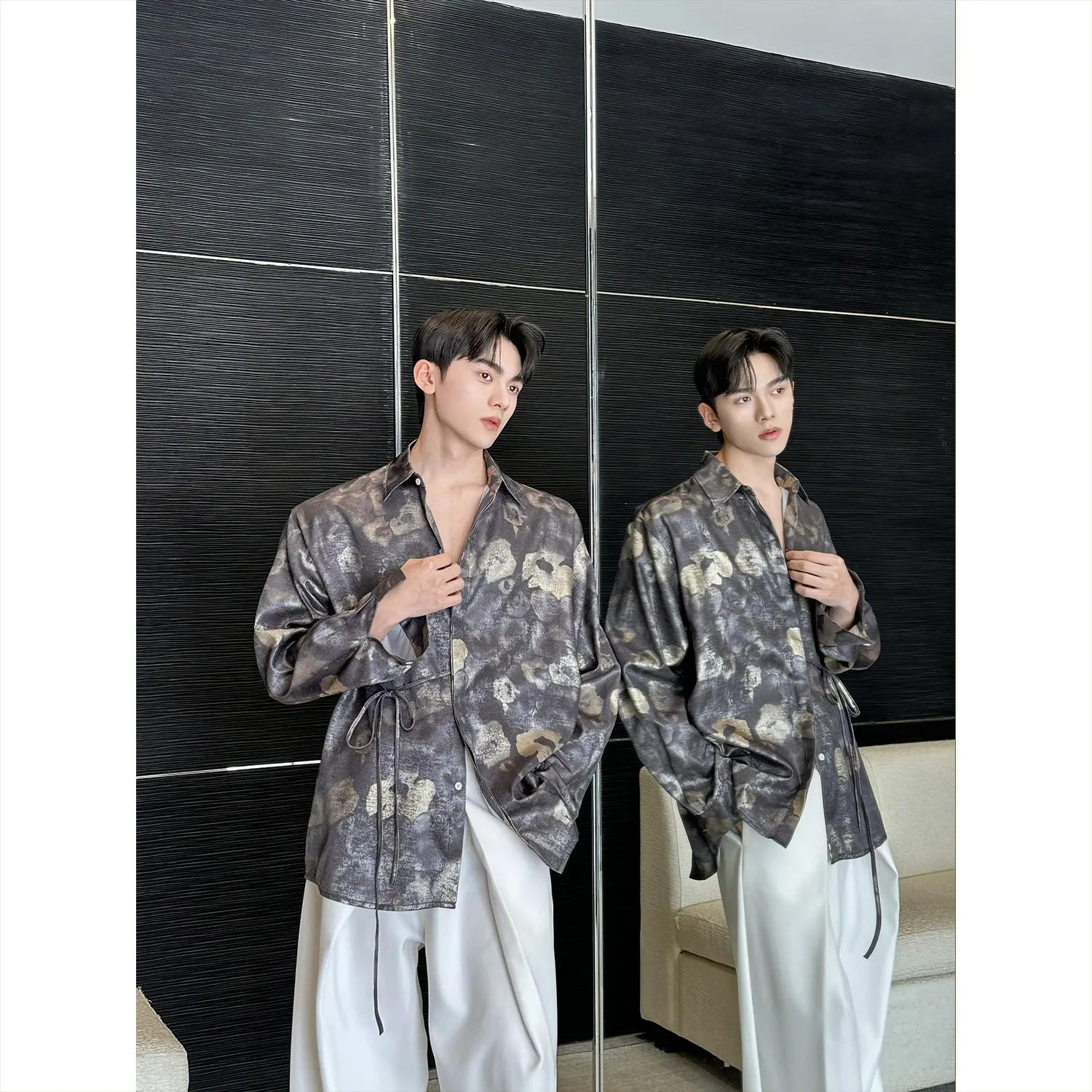 

2026 Spring Summer New Satin Men's Shirt Korean Fashion Elegant Printed Long Sleeve Shirts for Men Japan Streetwear Men Clothing