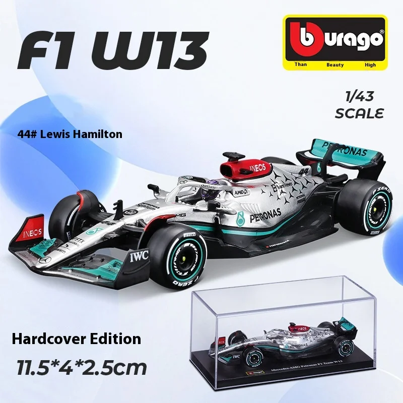 Bburago-Modèle de voiture de course en alliage de formule pleine grandeur, ornements de voiture, jouet modèle, cadeaux pour enfants, Mercedes-Benz W13 F1, 1:43