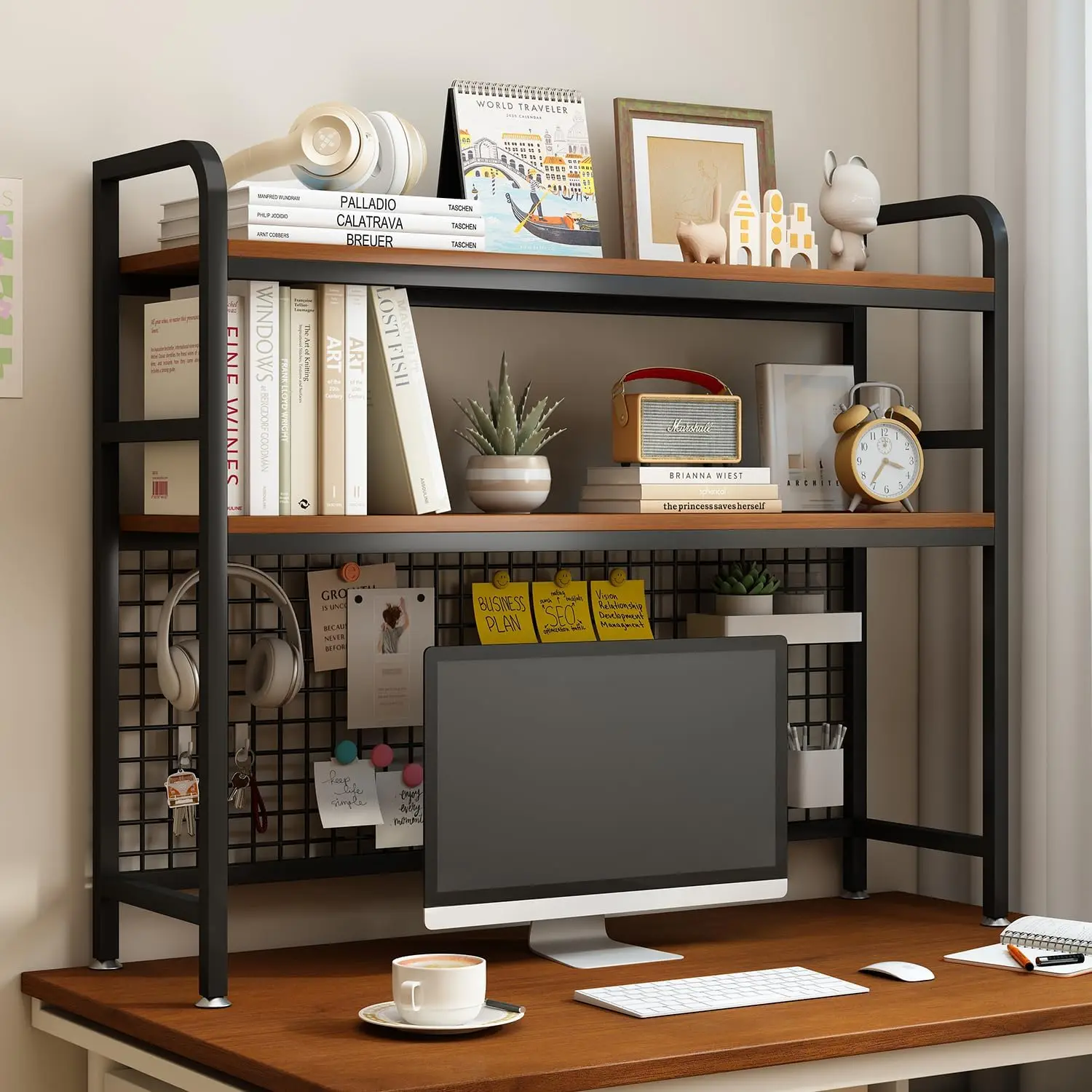 

2-Tier Desktop Hutch Bookshelf - Metal Desk Shelf Bookcase with Grid Panel, Countertop Storage Organizer Rack for Dorm or Office