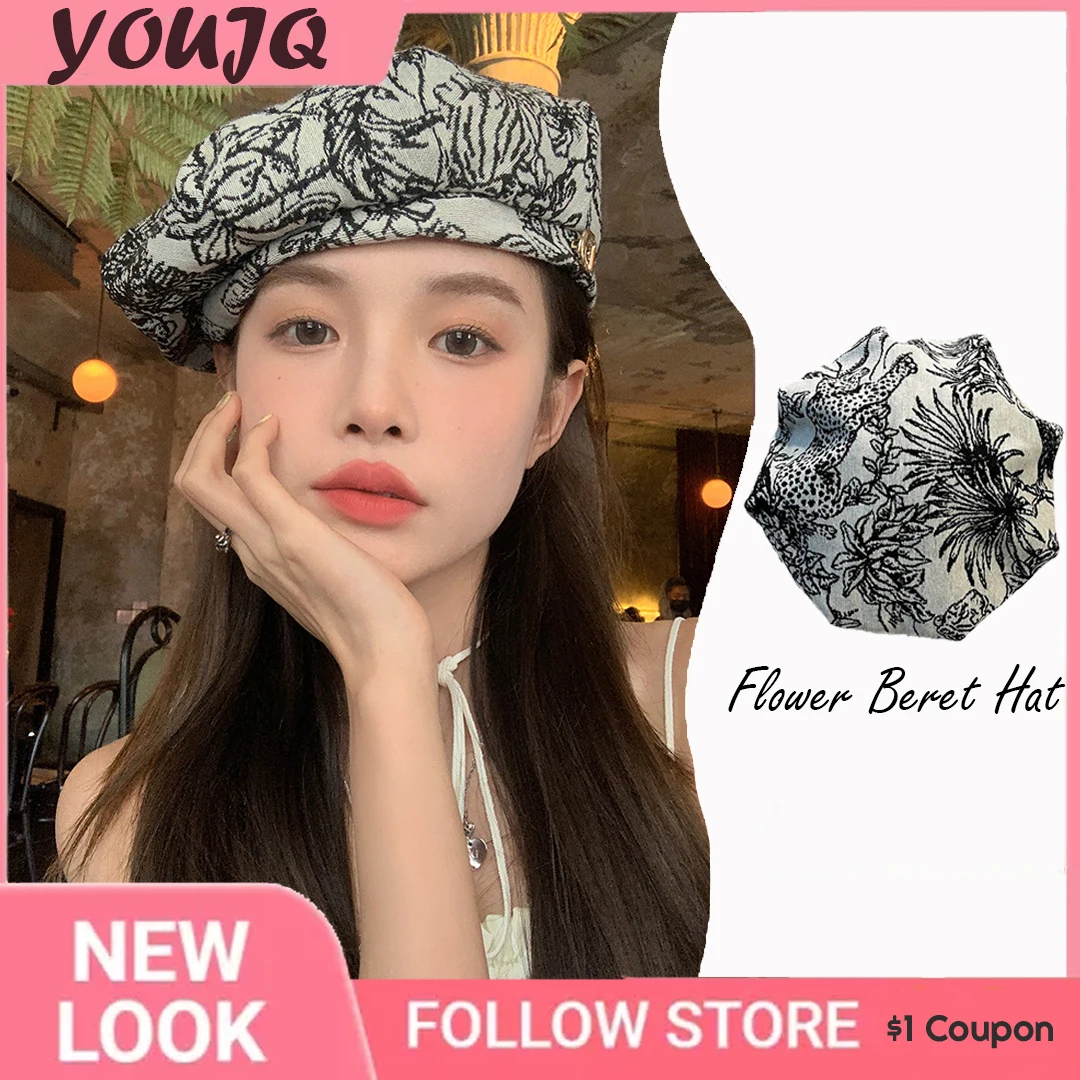 

INS Korean Personality Floral Spelling Color Beret Painter Caps for Women Spring Summer Paragraph Bud Hat Gorras Invierno Mujer