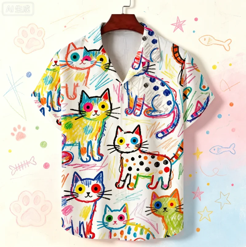 Summer Unisex New Short Sleeved Shirt with Cat Print Pattern for Casual Commuting, Fashionable and Personalized Breathable Shirt