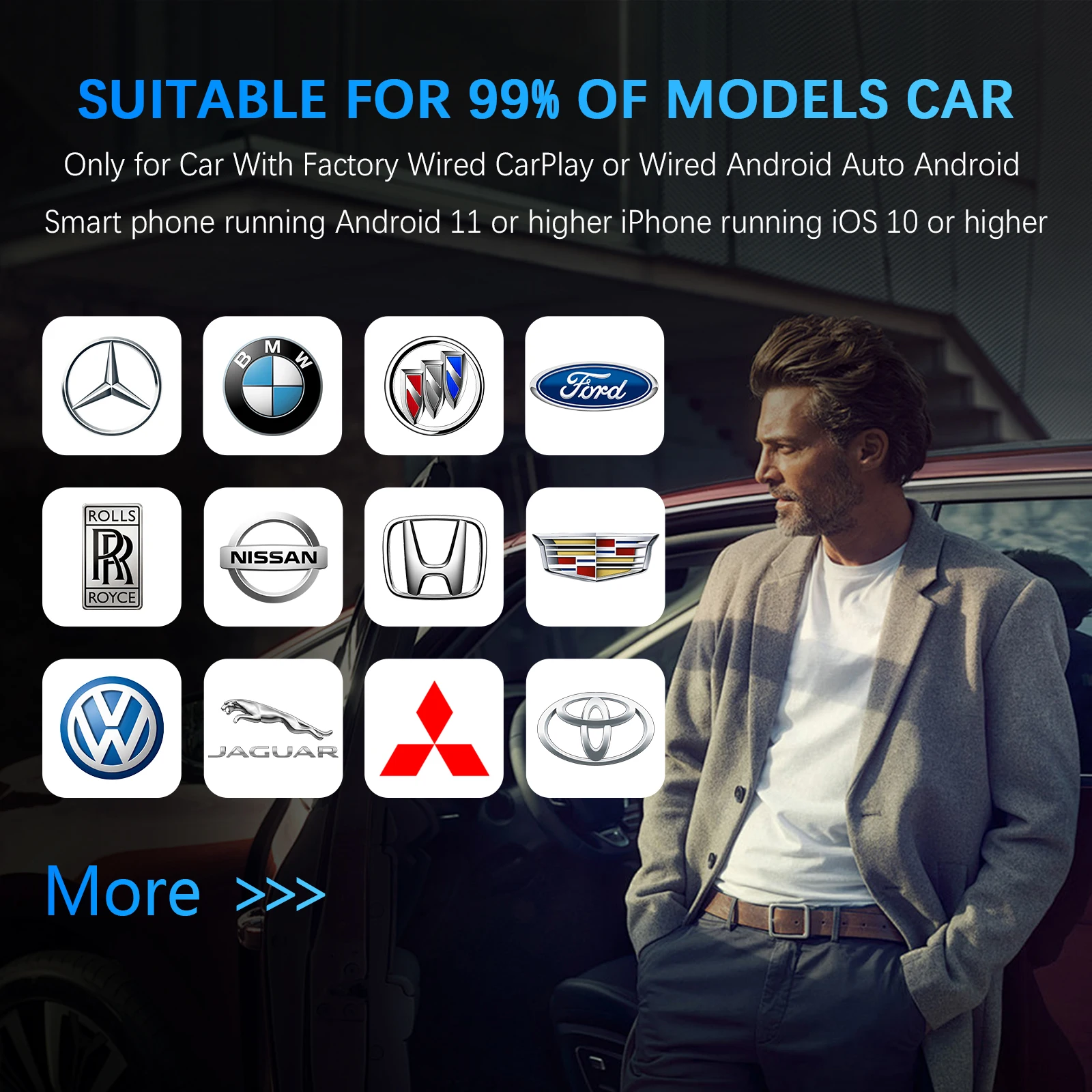 Mini adaptateur CarPlay et Android Auto sans fil 2 en 1, Dongle intelligent, taille compacte, faible latence, 5.GWiFi et BT5.0, Plug & Play pour filaire