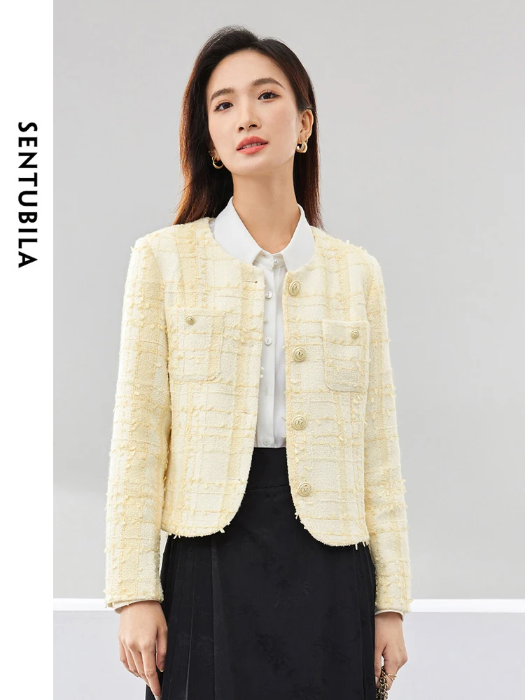 SENTUBILA Plaid Tweed Crop Jacket Women 2024 Round Neck Single Breasted Elegant Straight Short Coat for Woman Clothing 141W52956