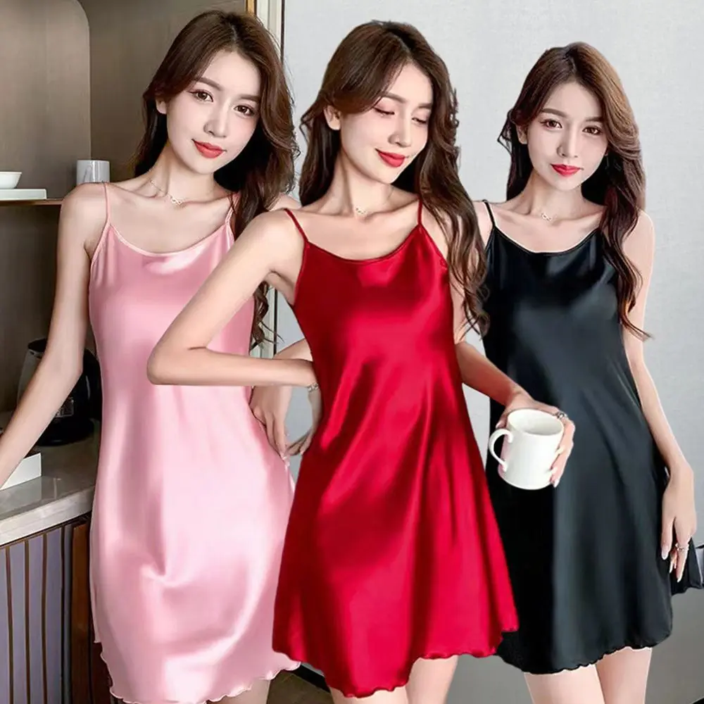 Casual Sexy Homewear Camisole Solid Color Pyjamas Women Sleepwear Sling Nightdress Ice Silk Suspender  Nightdress