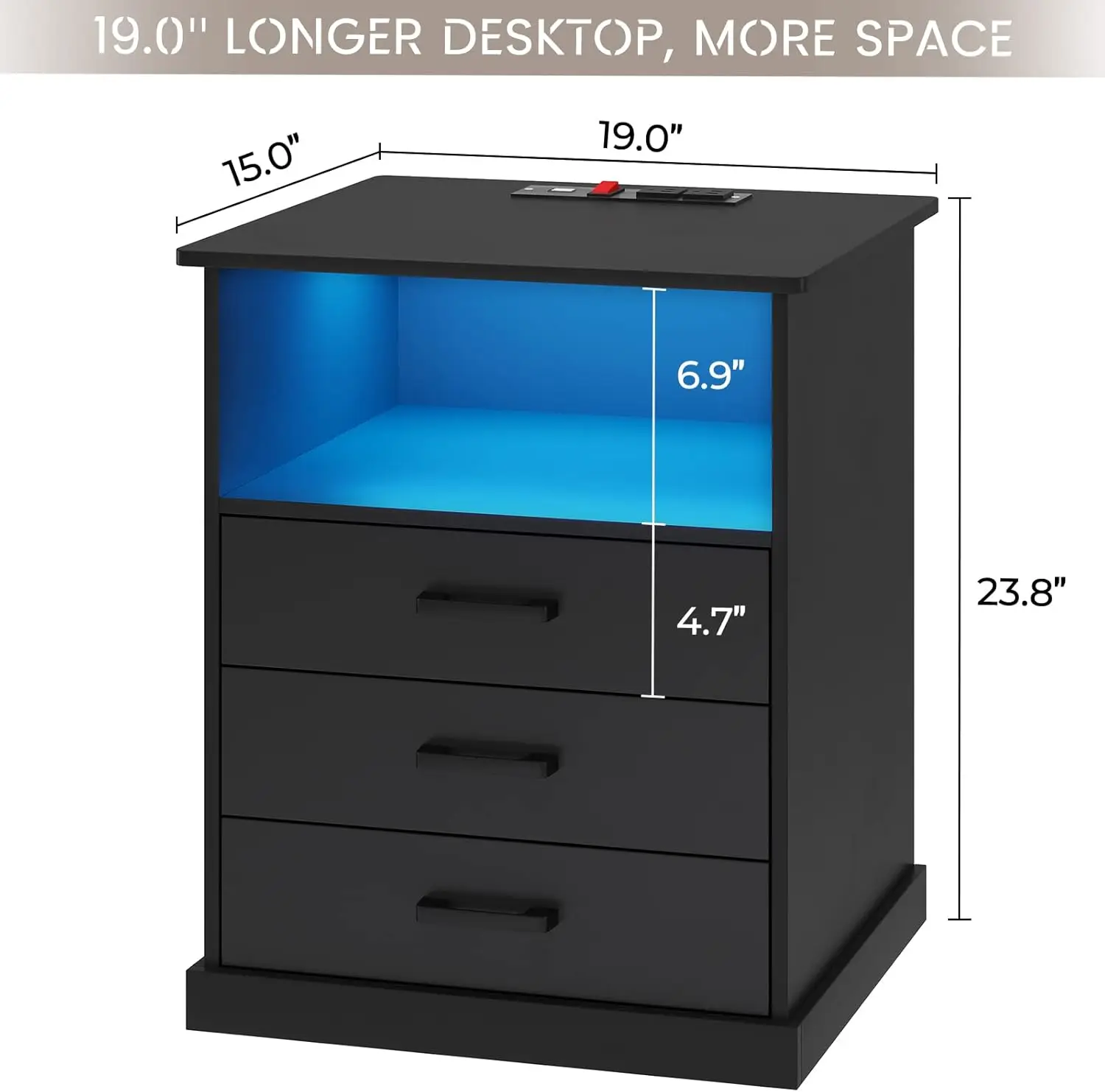 منضدة كبيرة بإضاءة LED مع 3 أدراج، وطاولة جانبية لغرفة النوم باللون الأسود #2