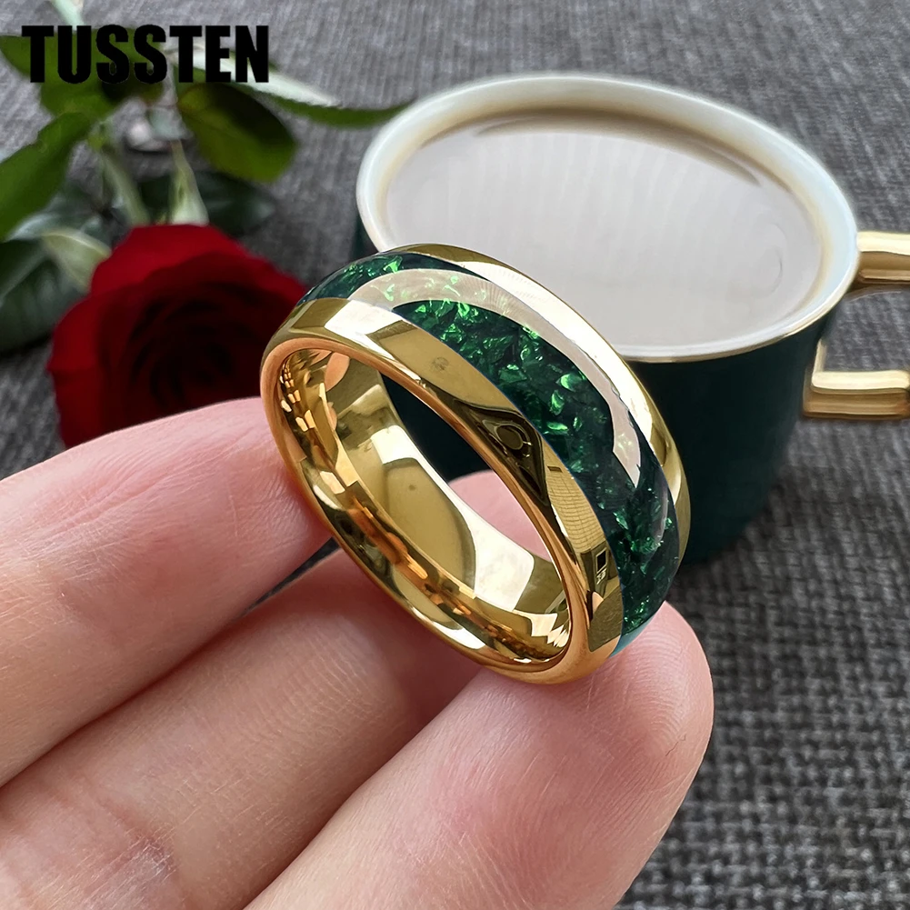 TUSSTEN 4/6/8MM anello nuziale in tungsteno da uomo e da donna intarsiato in pietra di cristallo verde vestibilità comoda