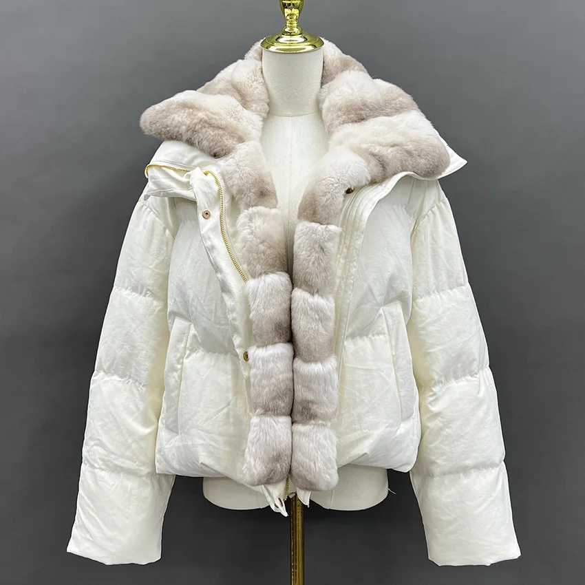 JANEFUR Natuurlijke Real Rex Konijnenbontkraag Warme Ganzendons Jassen Winter Vrouwen Vrouwelijke Uitloper Jassen JFB8-25007