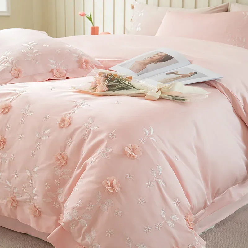 3D Lace Flowers Embroidery Bedding Sets Luxury Pink Princess 100% Cotton Duvet Cover Fitted Bed Sheet Pillowcases Home Textile