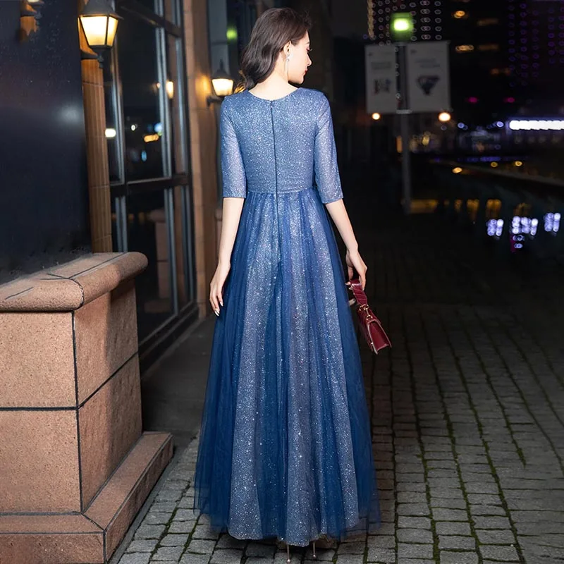 Blue Evening Dress Deep V-Neck Sequins Appliques Empire Half Sleeves A-Line Elegant Floor-Length Woman Formal Party Gowns A2369