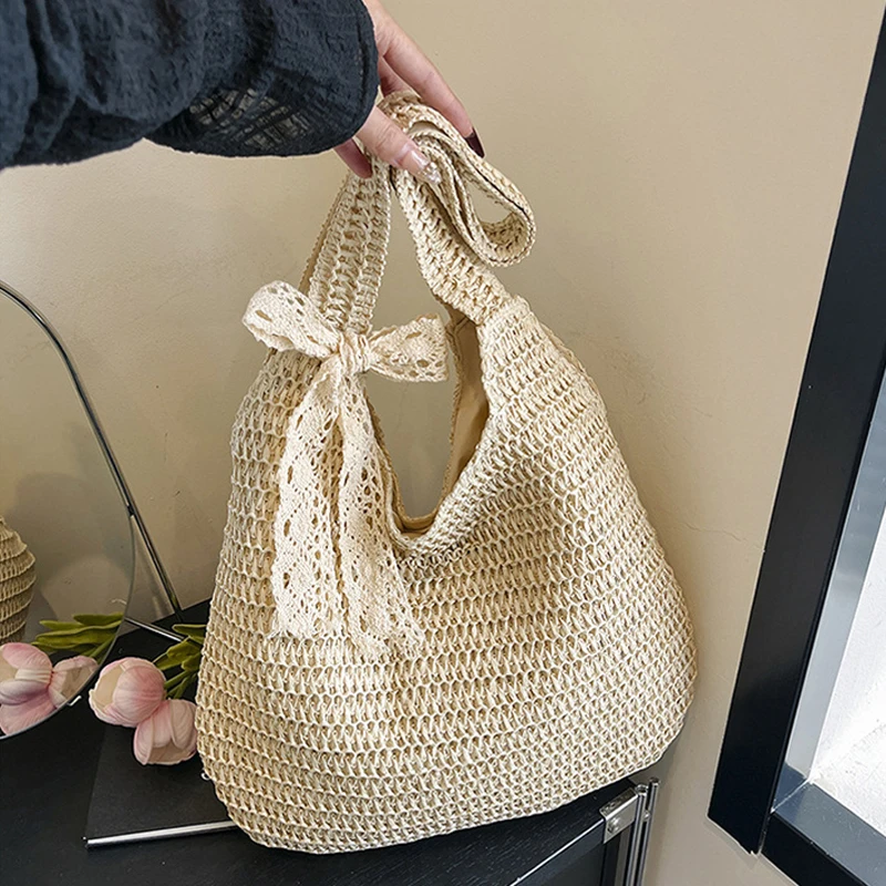 Einfarbige gewebte Einkaufstasche, aushöhlen, atmungsaktiv, Einkaufstasche aus Stroh, leichte Sommer-Strandhandtasche für Damen