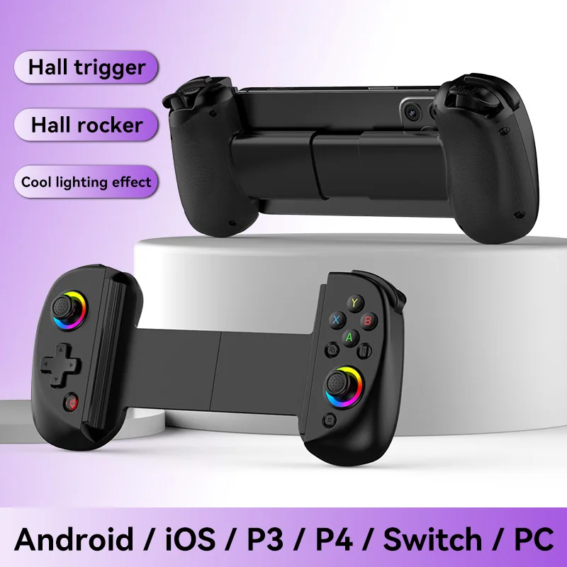 Gamepad telescópico D8 para teléfono móvil con Turbo, de 6 ejes giroscopio, controlador de juego de vibración, luz RGB para Android, iPhone, Switch, PS4, PC