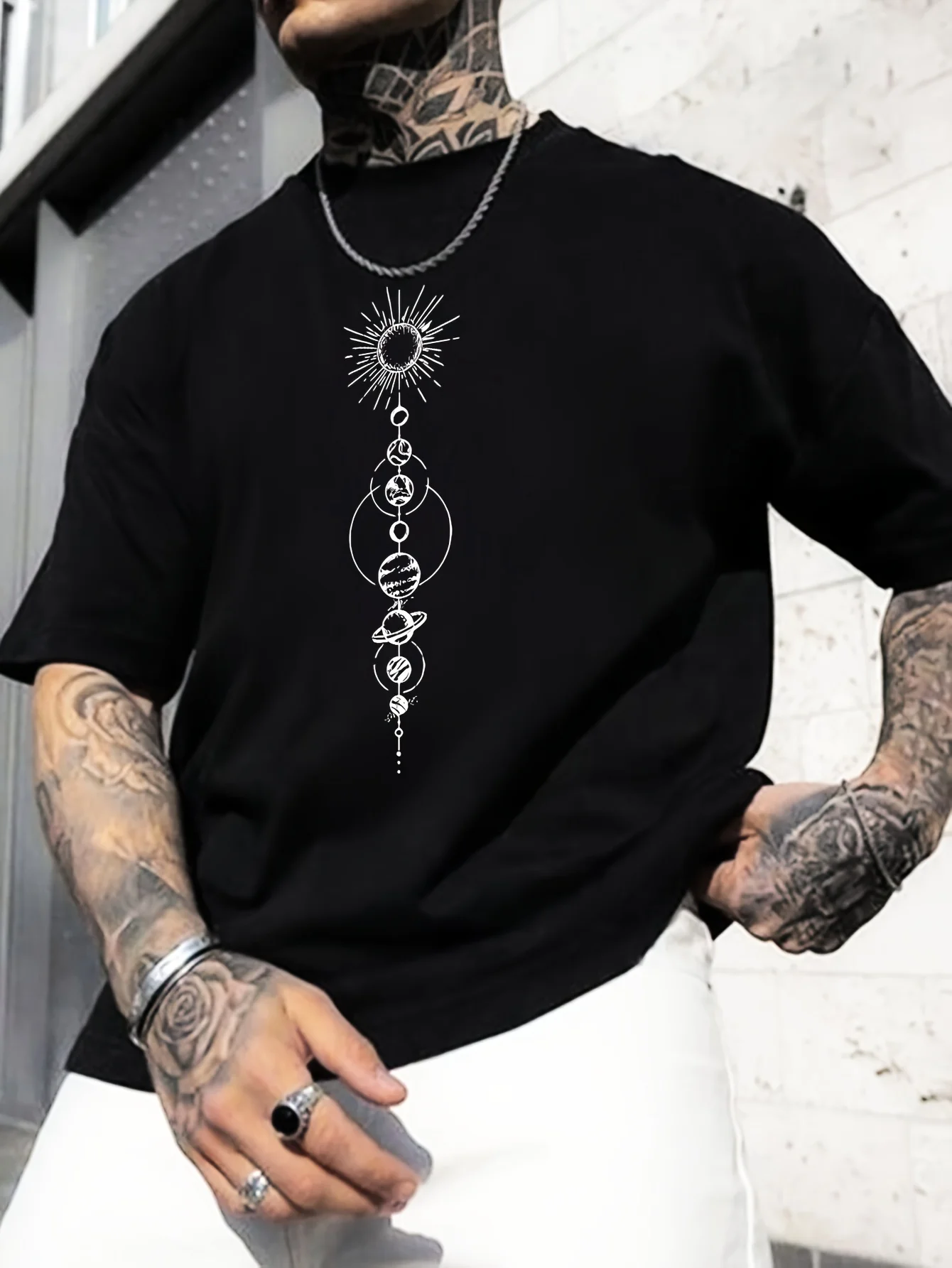 

2025 New Men's 100% Pure Cotton Summer Loose Size Planet Graphic Print Casual Slim Fit Round Neck Short Sleeved T-shirt Top