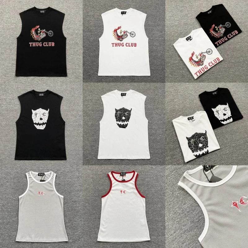 

Новинка 2025 года, жилет THUG CLUB, летние крутые топы с черепом и принтом в стиле хип-хоп, простой базовый повседневный жилет Thug Club