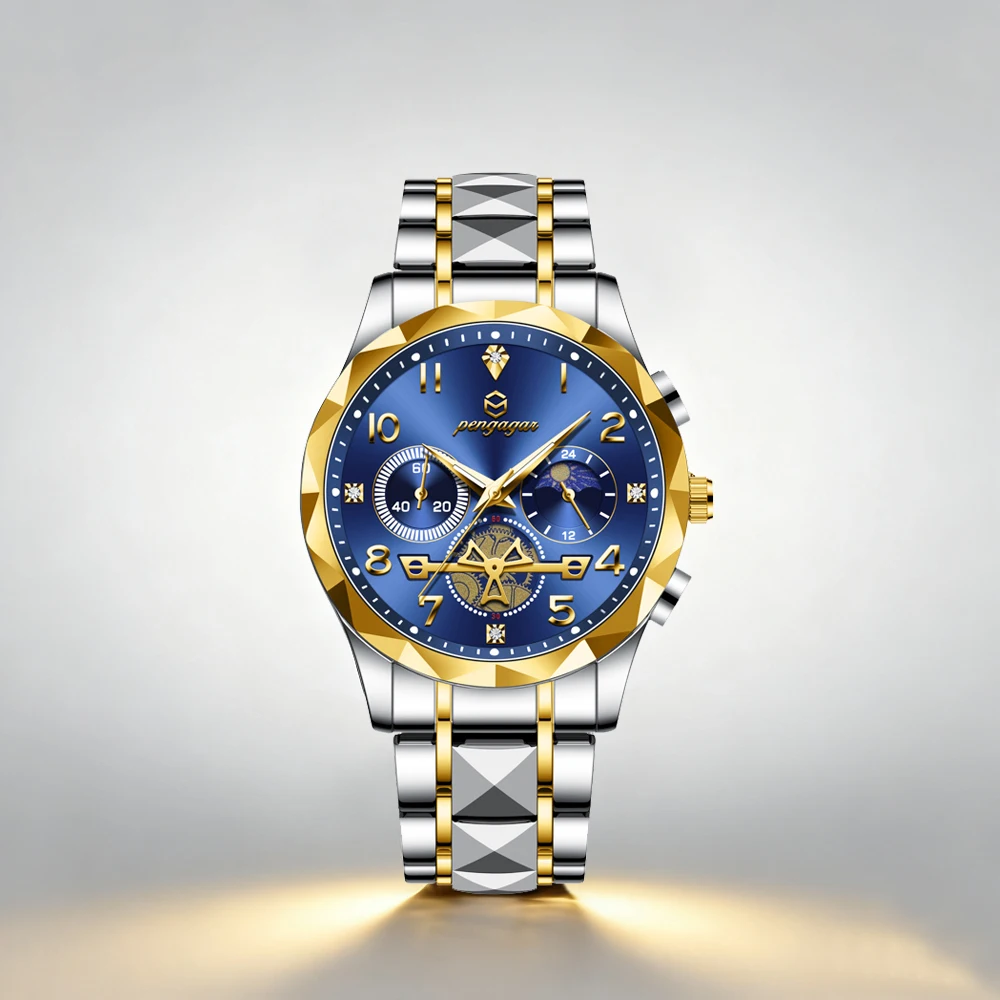 PENGAGAR ساعة كوارتز رجالية فاخرة مقاوم للماء تاريخ الأسبوع مضيئة ساعة اليد الفولاذ المقاوم للصدأ ساعات رجالية ساعة رجالية رياضية Reloj