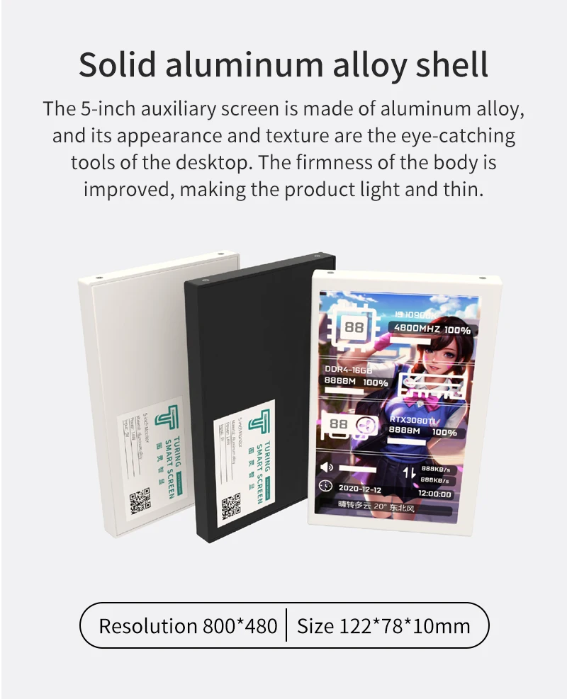 5 Inch IPS Type-C Secondary Screen Mini USB PC Display 800x480 CPU GPU RAM HDD Monitor Music Spectrum Analysis Display No AIDA64