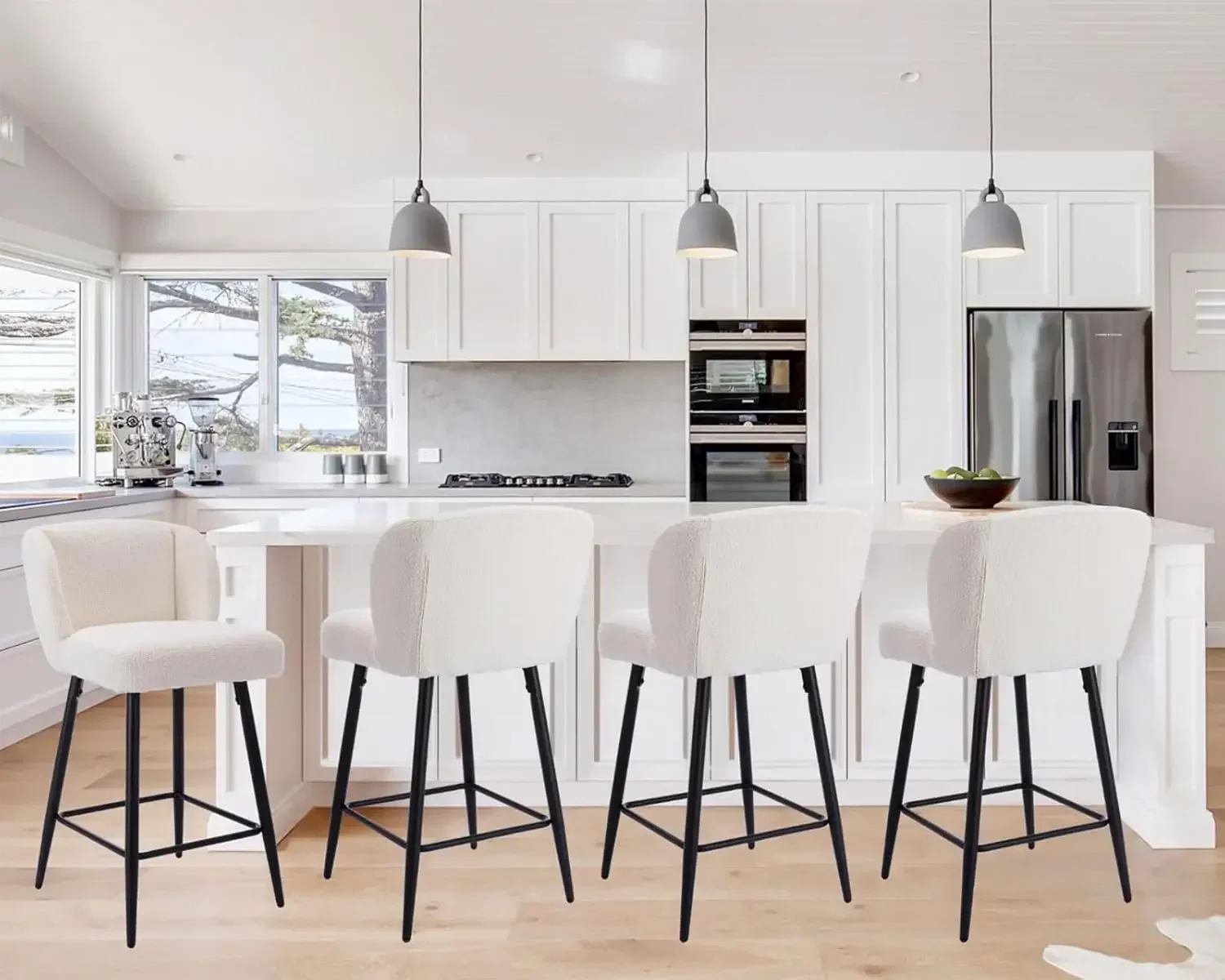 

Modern Counter Height Bar Stools Set of 4,26 Inch Faux Sherpa Upholstered Bar Stools with Back,18" Seat Wide Island Stools,White