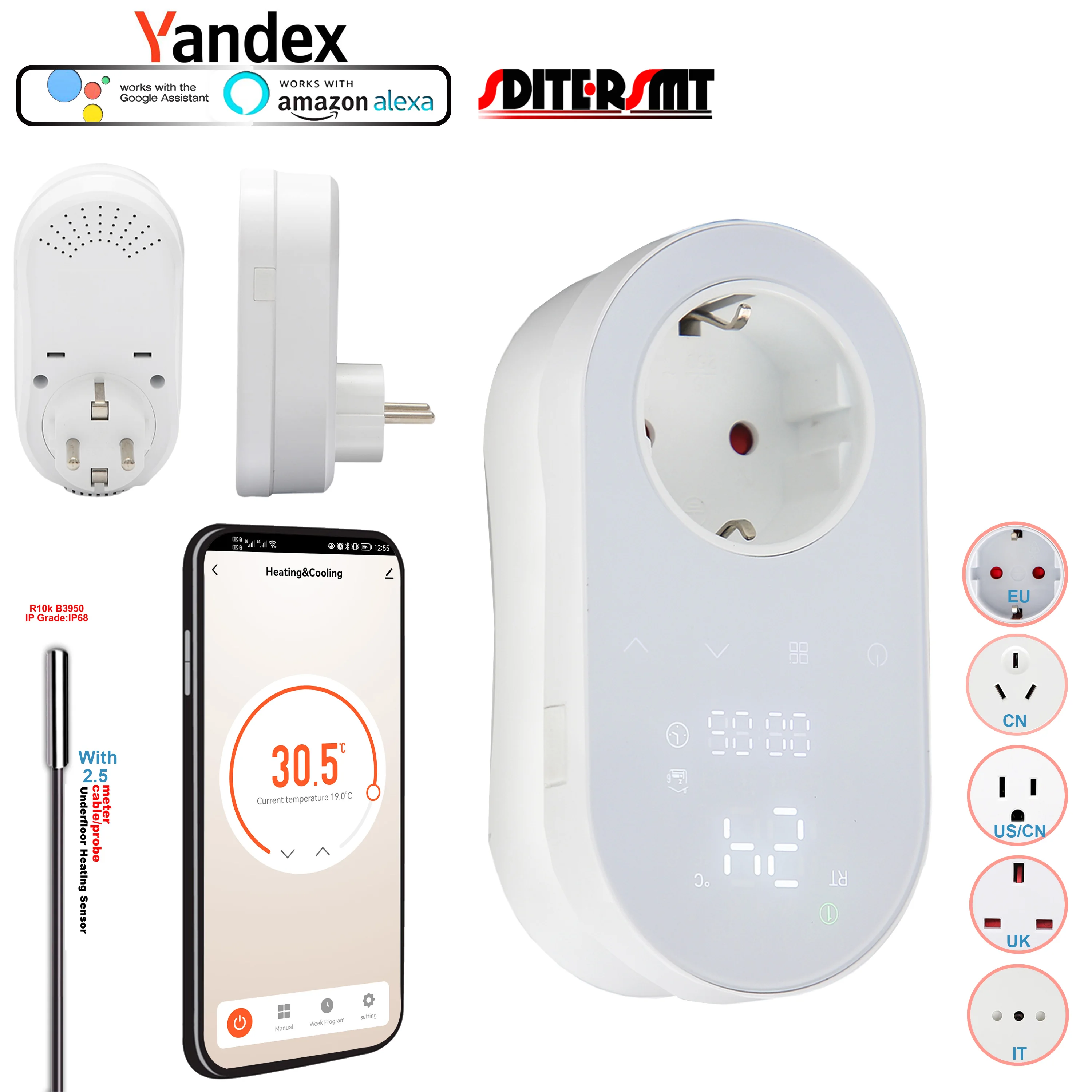 Plug-In ชั้นเครื่องทำความร้อน Dual Sensor WIFI Digital LED/LCD °C/°F สวิทช์รายสัปดาห์ EU,UK,CN,US,FR,ซ็อกเก็ต