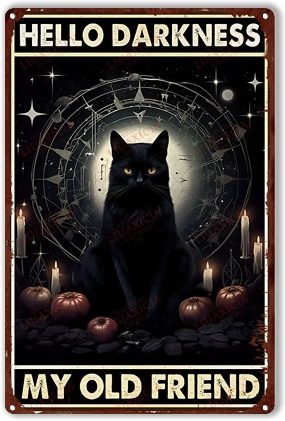 Tin Metal Sign Black Cat Poster Red Moon Halloween Witches Hello Darkness My Old Friend Vintage Party Decor for Living Room Bedr