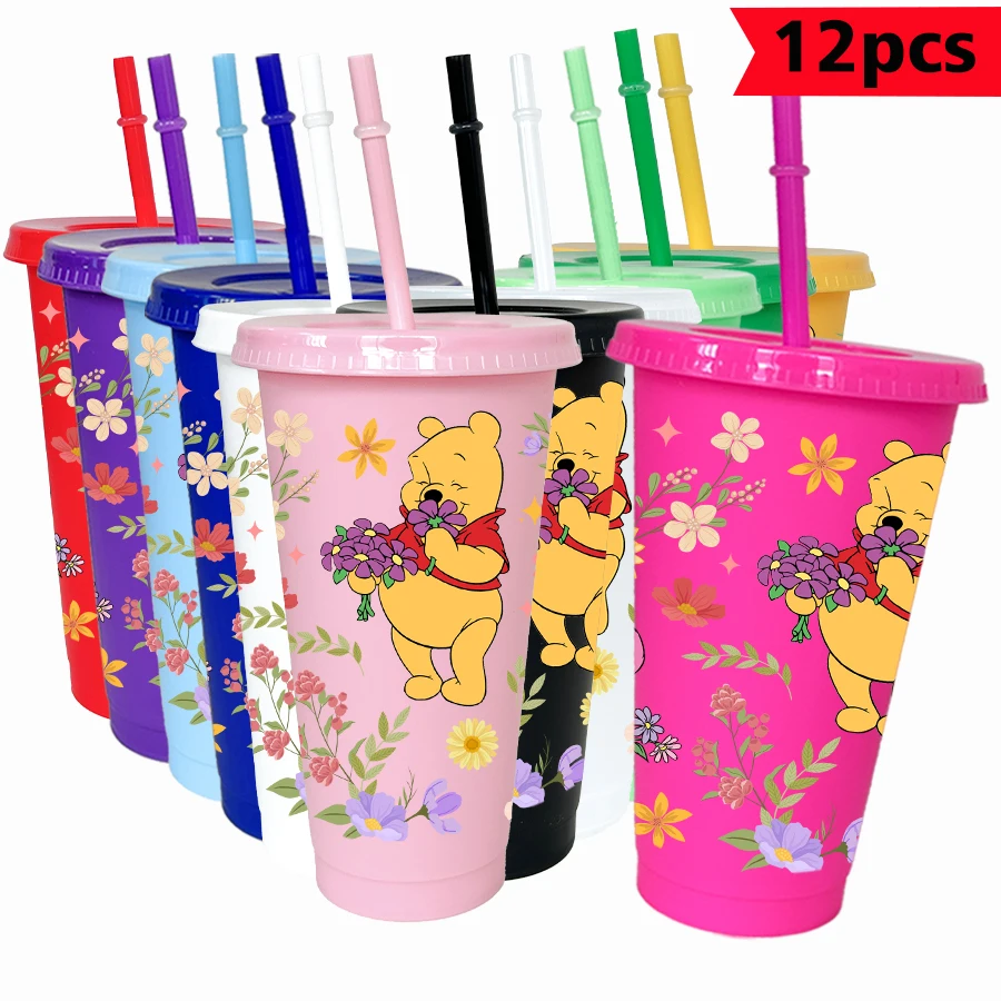 

12Pcs/pack Disney Winnie the Pooh flowers 26oz colorful plastic tumbler birthday party drinking utensils juice coffee cup
