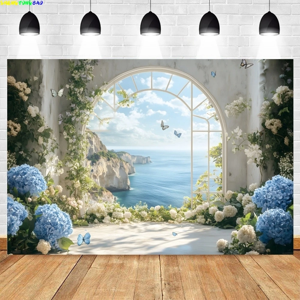 Frühling Floral Fotografie Hintergrund Fenster Blume Schmetterling Meer Szene Hochzeit Party Baby Portrait Foto Hintergrund Studio Requisiten