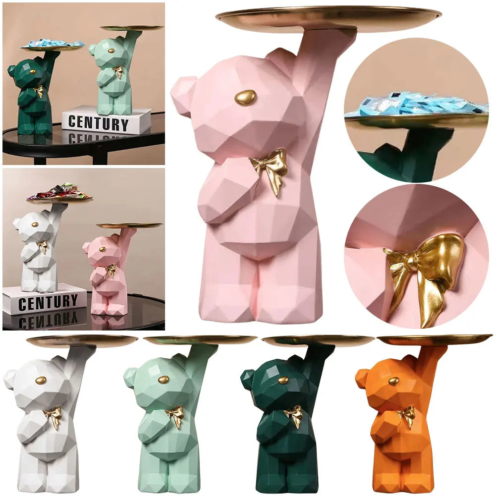 

Resin Lovely Nordic Bear Sculptures Keys Holder Geometric Bear Statue Floor Tray Ornament for Home Decor Bookshelf Decor