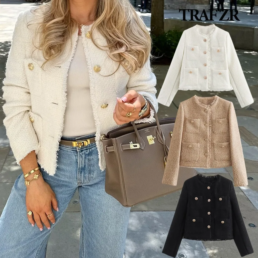 

TRAF ZR Elegant Chic Coats & Jackets Woman Autumn 2024 Gold Button Lining Tassel Coats Texture Outer Tops Front Patch Pockets