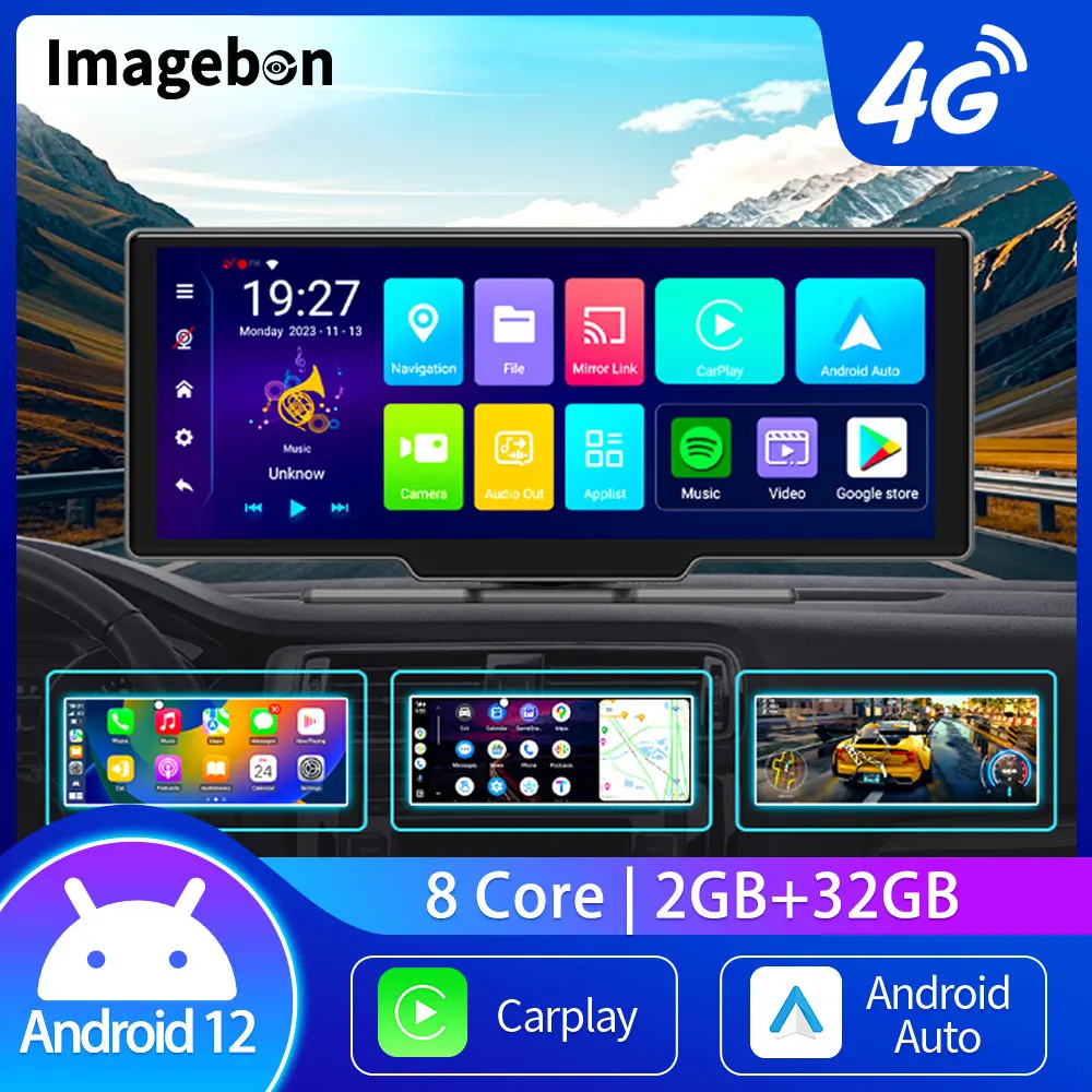 Imagebon 10.26'' 4G Android 12 DVR Wireless CarPlay Android Auto Dash Cam ADAS GPS AUX U Disk Navigation Rearview Mirror Camera