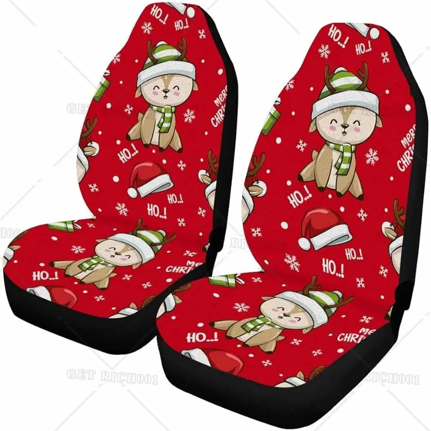 Santa Hat Pattern with Deer Santa Cute Cartoon Car Seat Covers Set of 2 Anti-Slip Bright Removable Cover Set Cute Car Accessorie