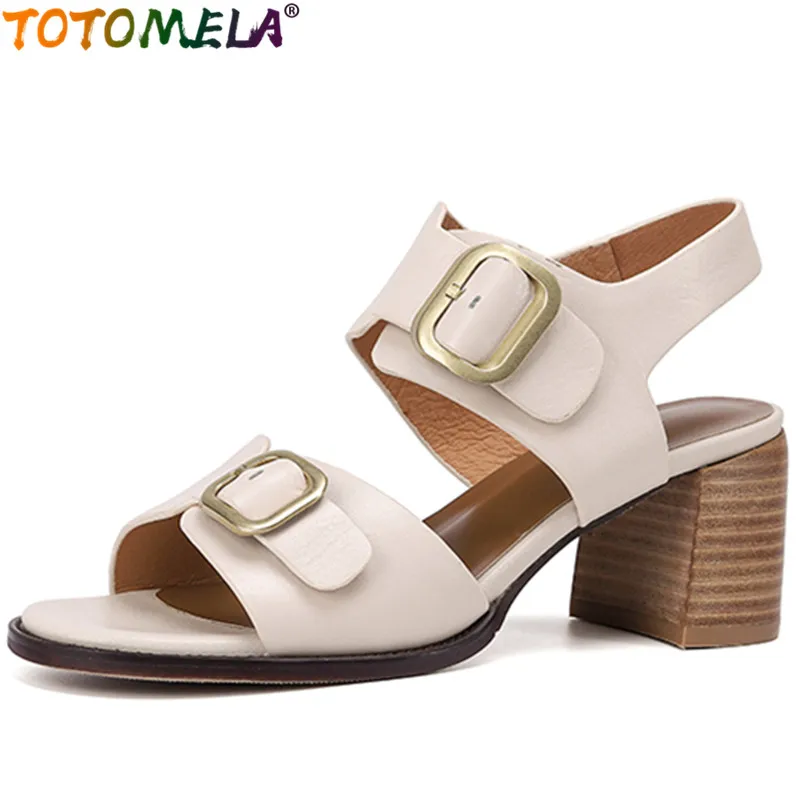 

TOTOMELA 2022 New Slingbacks Genuine Leather Sandals Woman Retro Back Strap Thick High Heels Shoes Ladies Dress Sandals