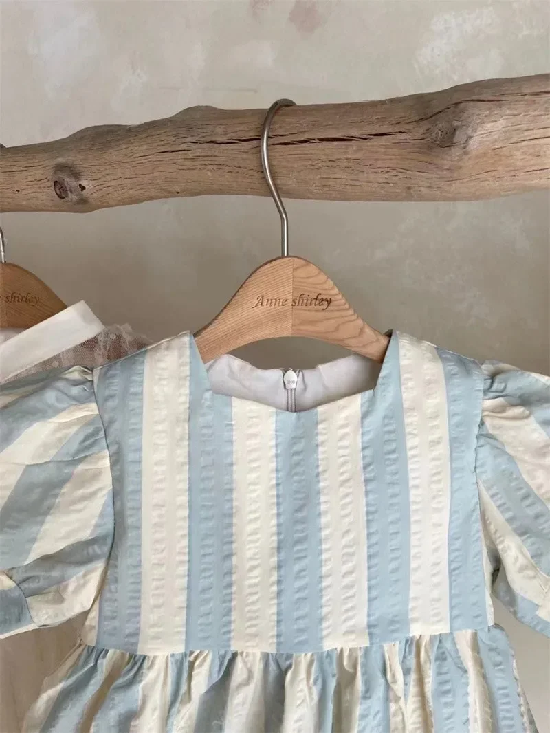 2024 New Summer Baby Blue And Pink Stripe Romper Girls Cotton Jumpsuit Girl Short Sleeve Fashion O-neck Dress + Bodysuit 0-3Y