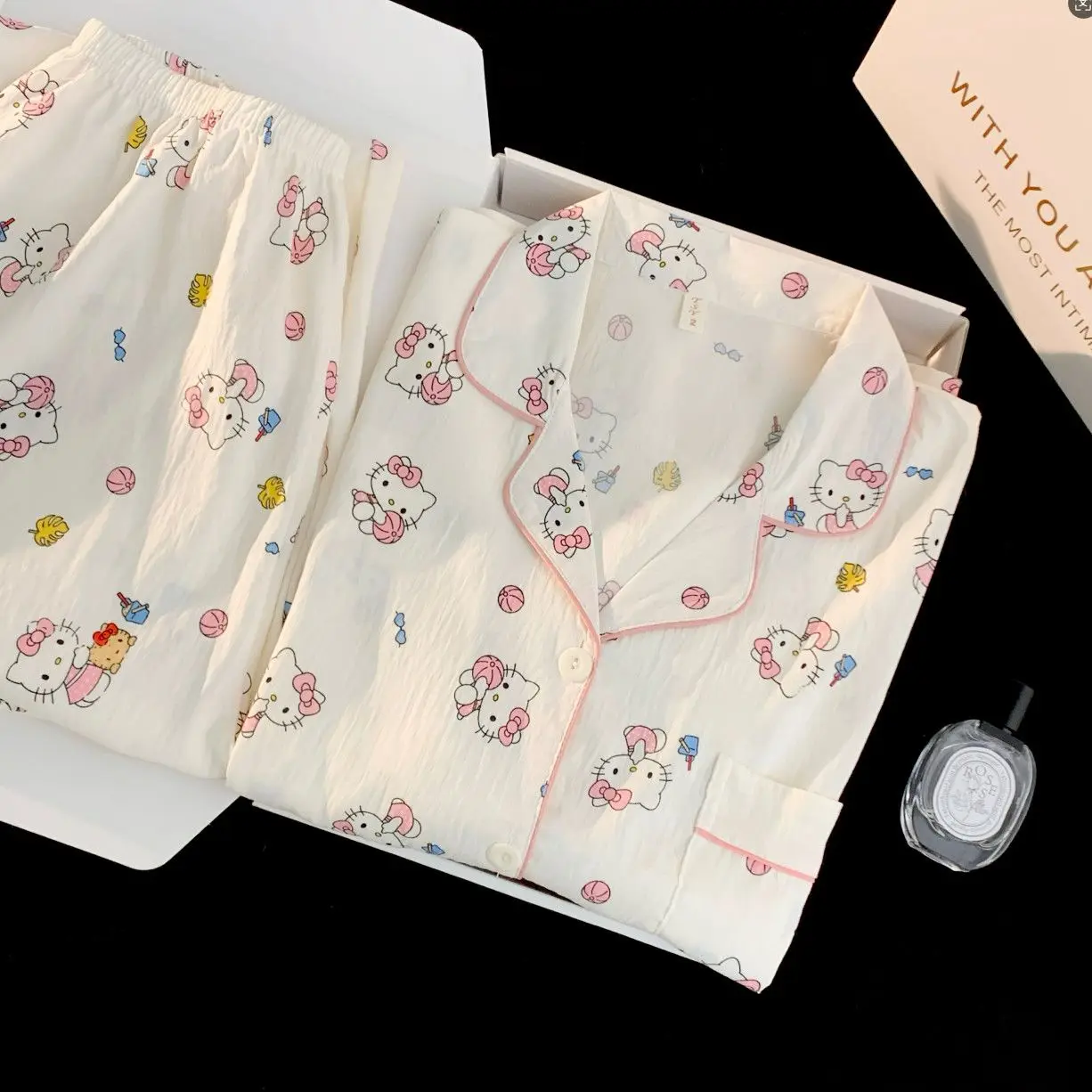 

Sanrio Hello Kitty Women's Sleeping Pajamas Sets Kawaii Cartoon Student Autumn Long Sleeve Pants Cotton Leisure Homewear New