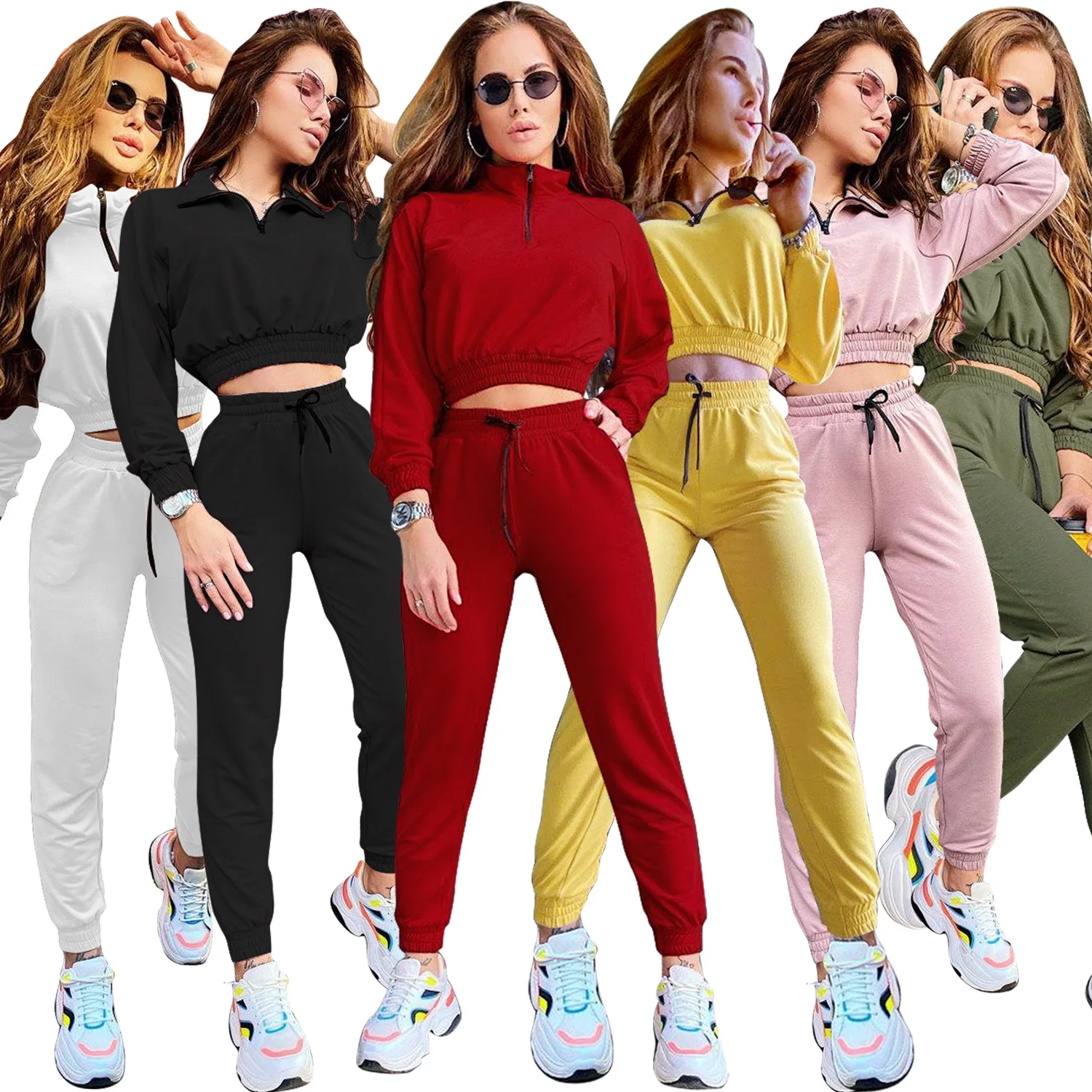 

Casual Chic Two Piece Set Tracksuit Women Solid Color Sportswear Female Outfits Sexy Super-Short Hoodie Sport Pants 2 Piece Sets