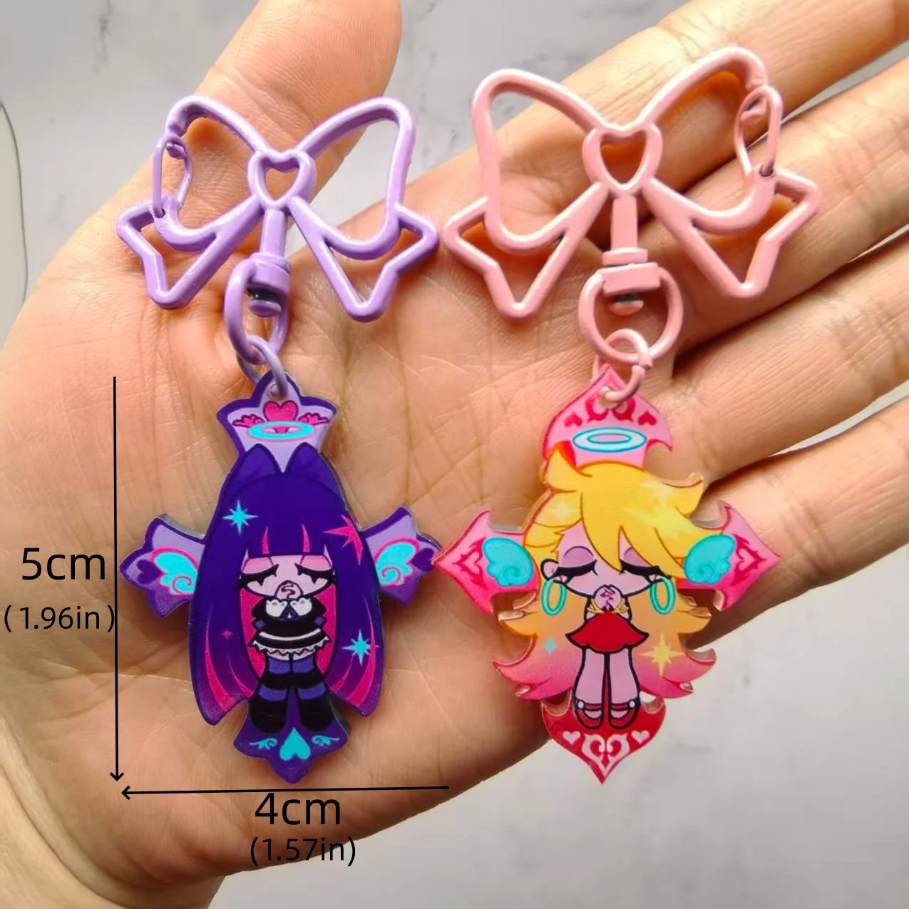 Anime Panty & Stocking with Garterbelt Bowknot KeyChain Kawaii Figure Acrylic Keyrings Backpack Pendant For Fans Christmas Gifts image 2