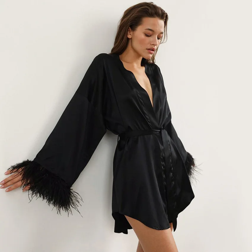 Sexy Women's Patchwork Dress Feathers Sleeveless V-neck Short Skirt Thin Summer Sleepwear Polyester Fabric Youth Fashion