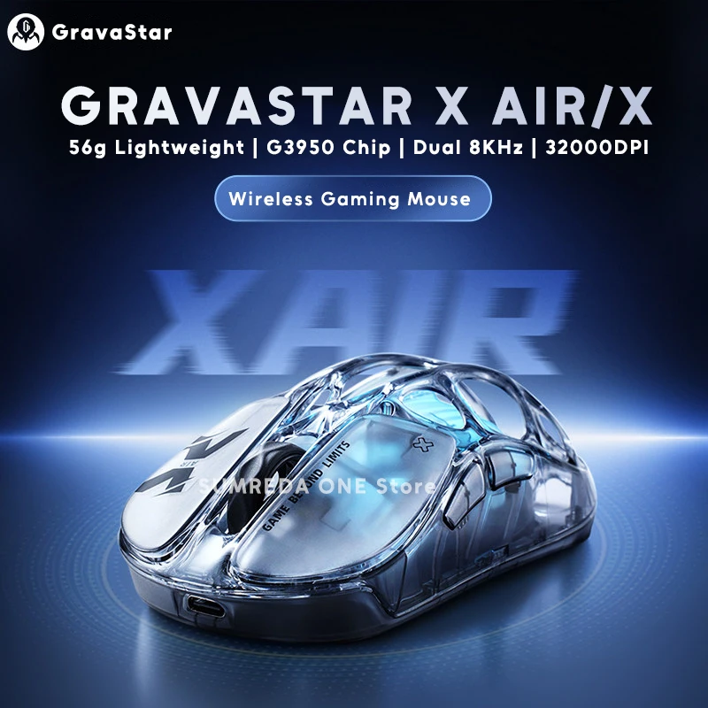 GravaStar Mercury X AIR X Pro Wireless Gaming Mouse Transparent Hollow-out Bluetooth 2.4G Wired Lightweight Dual 8K G3950 Mouse