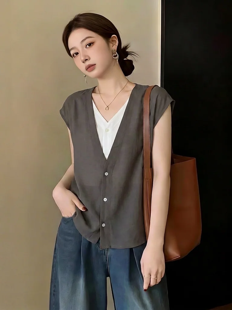 

Elegant V-Neck Short-Sleeve Shirt Women's plus Size Fashion Korean Style Commute Wind Loose Fit Fake Two-Piece Summer New Arr...